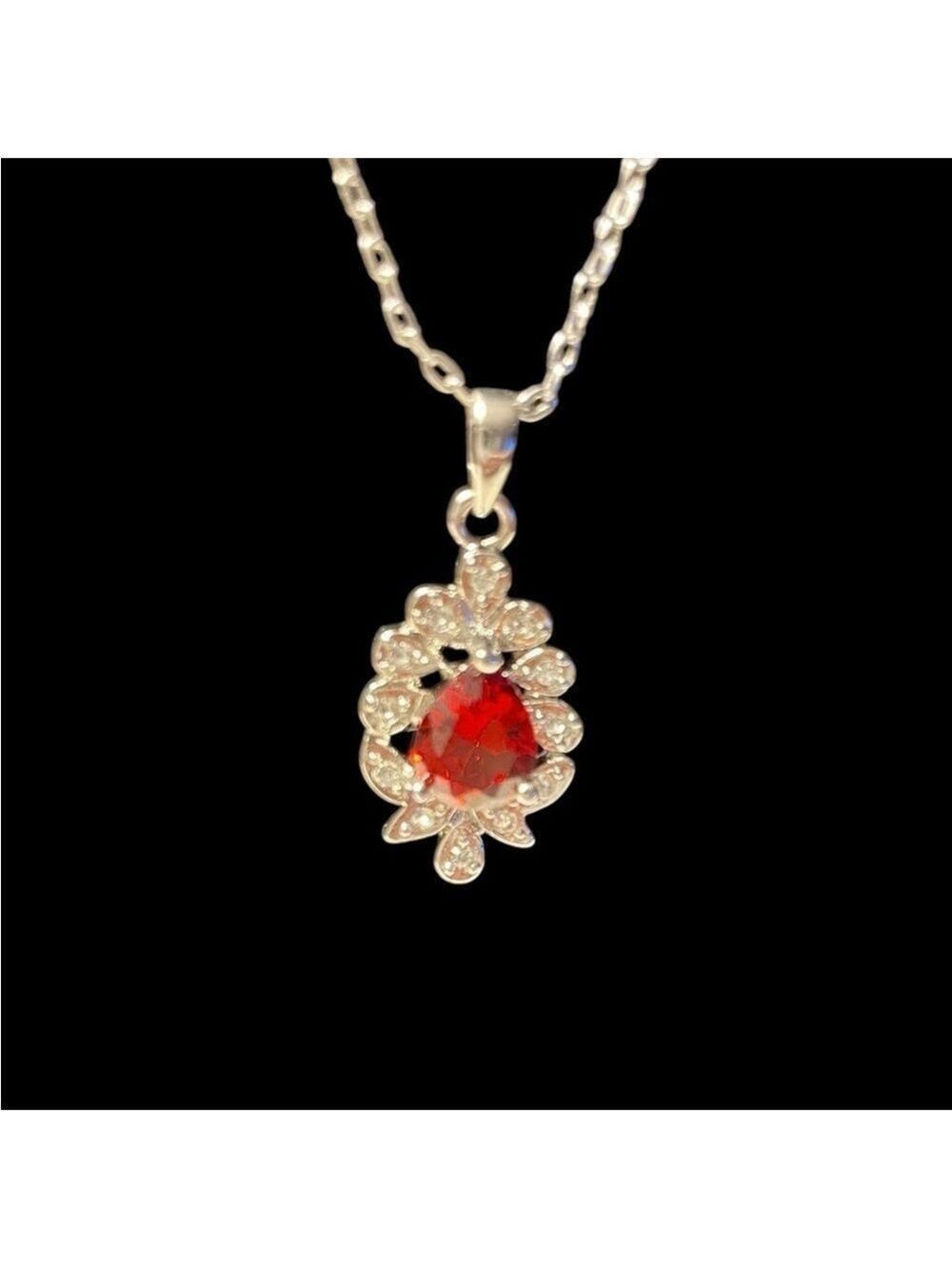Necklace Gold-Tone Ruby Red Large Stone Clear Rhinestones Delicate